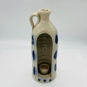 Vintage Art Pottery Glazed Open Taper Candle Holder Cobalt Blue Leaves